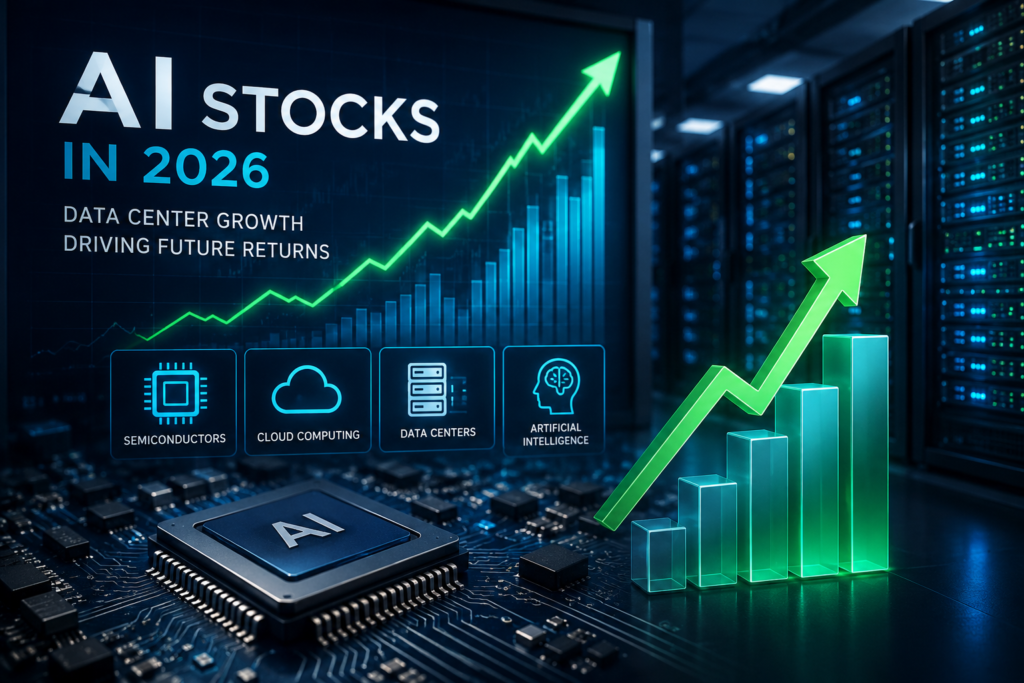 AI stocks in 2026 with semiconductor chips, cloud computing, and data center growth